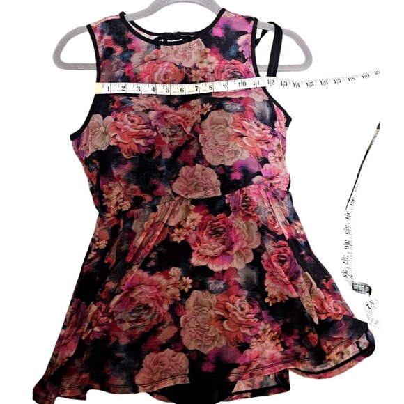 Floral Mesh Overlay One-Piece Swimsuit With Keyhole Back Pink & Black Women's Si - Picture 14 of 15